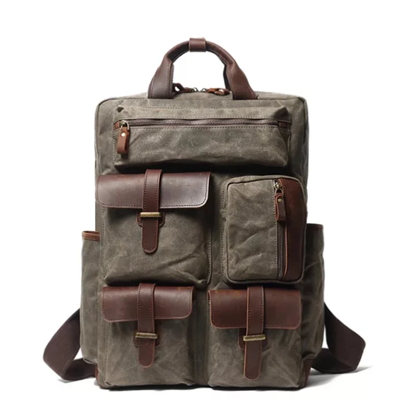 

Waterproof Canvas Backpack Male Leather Backpacks for men Laptop Bag High Quality Multi-pocket Large Capacity Travel Backpacks