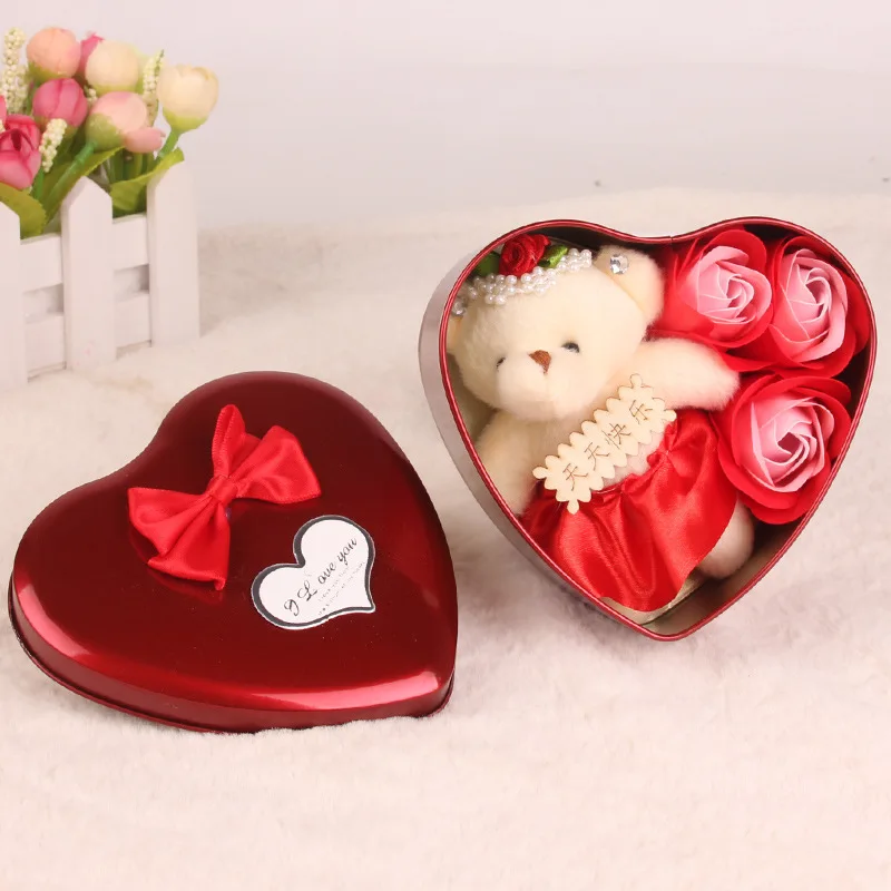 Подарок на день Святого Валентина, мыло с искусственными цветами, роза с медведем, свадебное праздничное украшение для дня рождения, подарок для женщины, жены - Цвет: A
