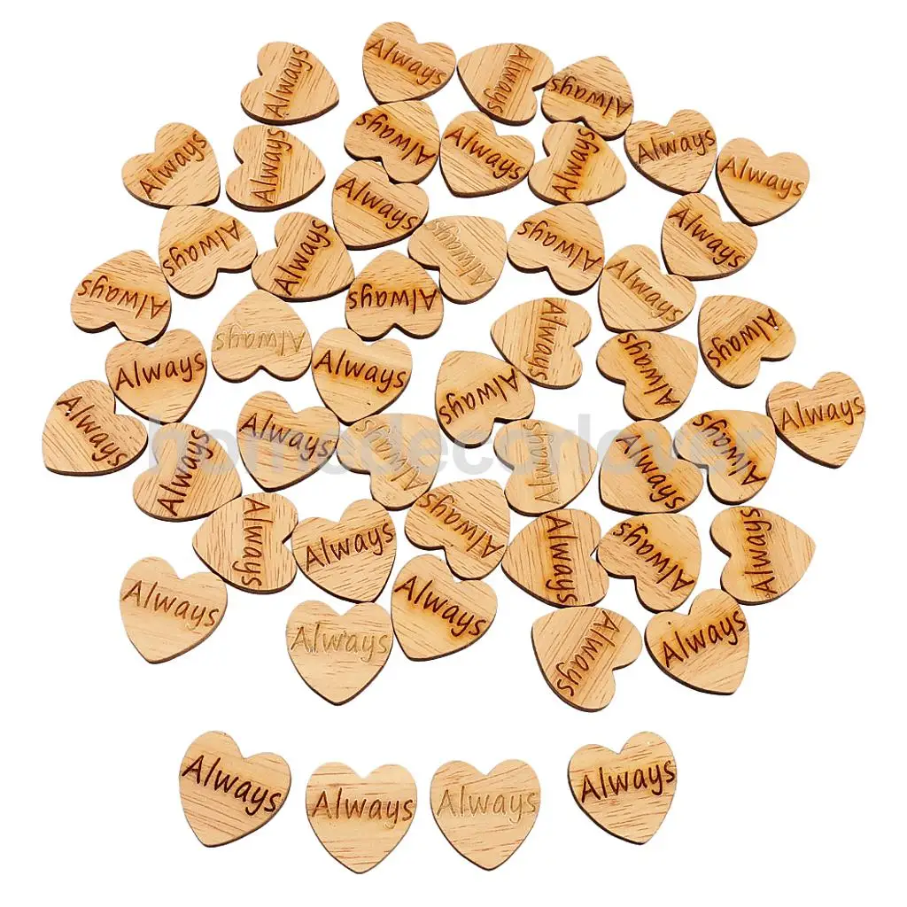 50Pcs Theme Letter Wooden Heart Chips Wedding Decor Embellishments Craft Supply 