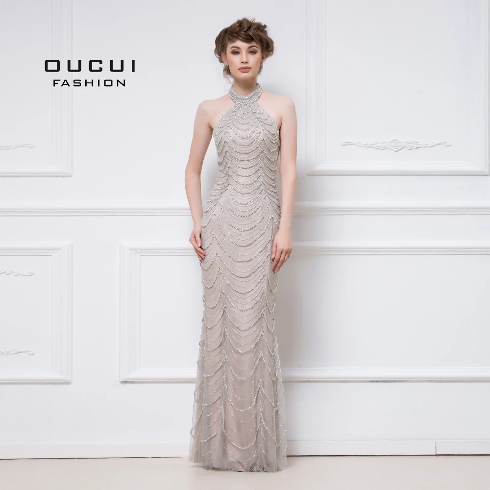 

Latest Design Gray Nude Halter 2019 Long Prom Dresses Party Luxury Diamond Beading Straight Sexy Formal Dress Vestido OL103048