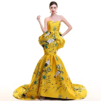 

Gold Sexy Women Strapless Dress Slim Stage Show Costumes Floor Length Luxurious Mermaid Dresses Royal Bride Wedding Cheongsam