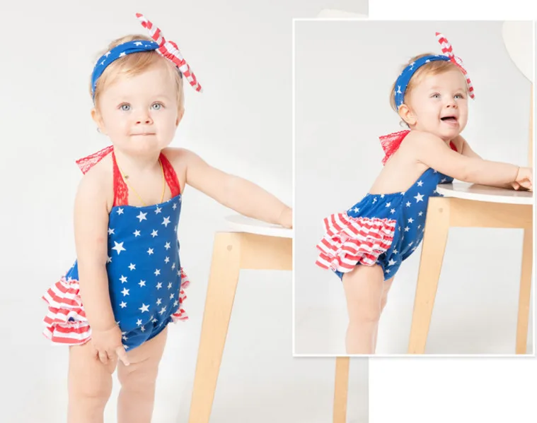 High Quality Baby Girl Clothes Cute Star Print Ruffle Bloomers Jumpsuits and Big Bow Headbands Clothing Set Christmas Birthday