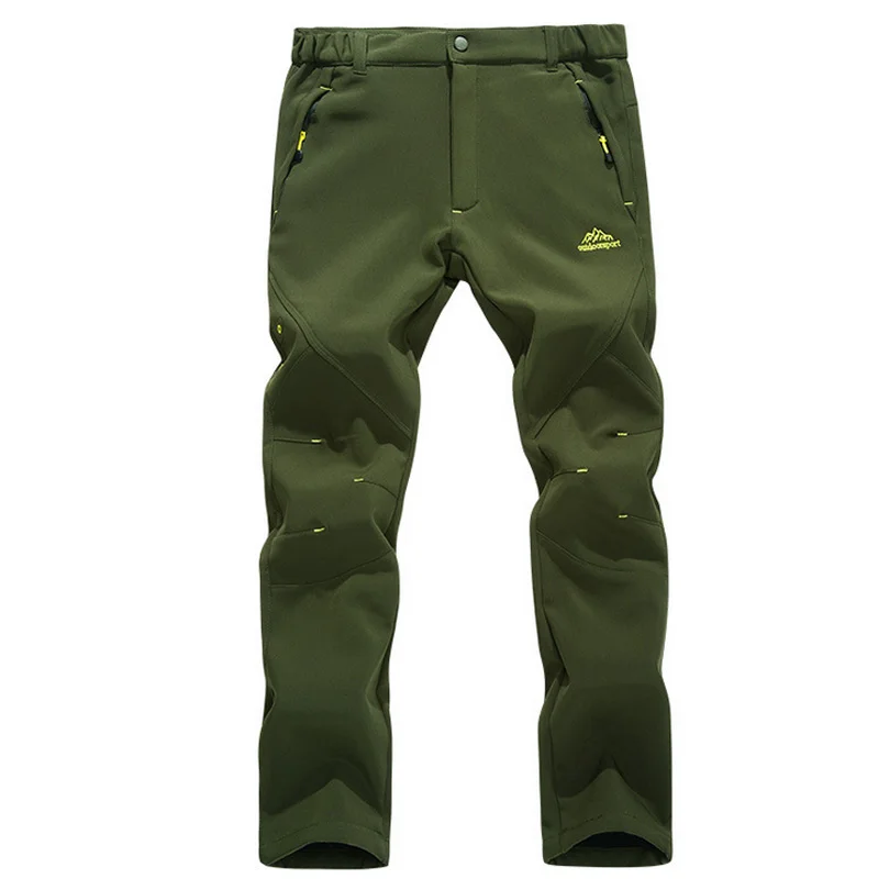 Хит, уличные зимние Утепленные флисовые замшевые походные спортивные штаны на молнии с карманами для альпинизма и кемпинга, Мужские штаны - Цвет: Зеленый