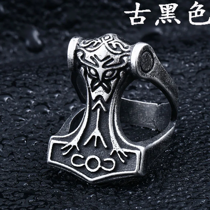 

Punk Norse Viking Men Finger Ring Thor Odin Loki Asgard Hammer Mjolnir Stainless Steel Vintage Jewelry