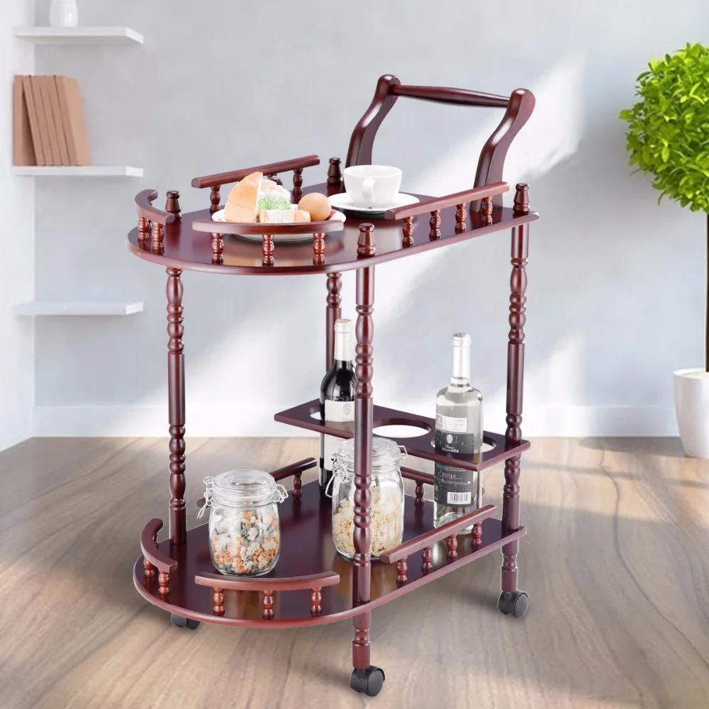 Giantex مطبخ خدمة شريط عربة عربة المتداول النبيذ الرف حامل الكرز الخشب 2 الطبقة أثاث المنزل HW57877