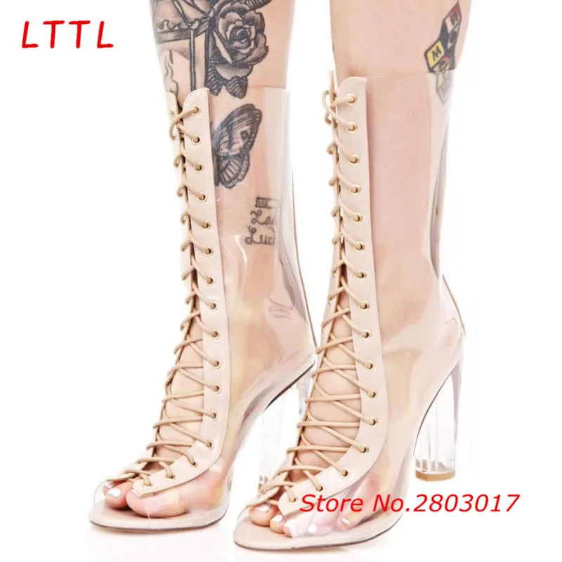 

Fashion Transparent Summer Rubber Boots Open Toe Cross-Ties Clear High Heel Sandals PU Transparent Shoes White Women's Sandals
