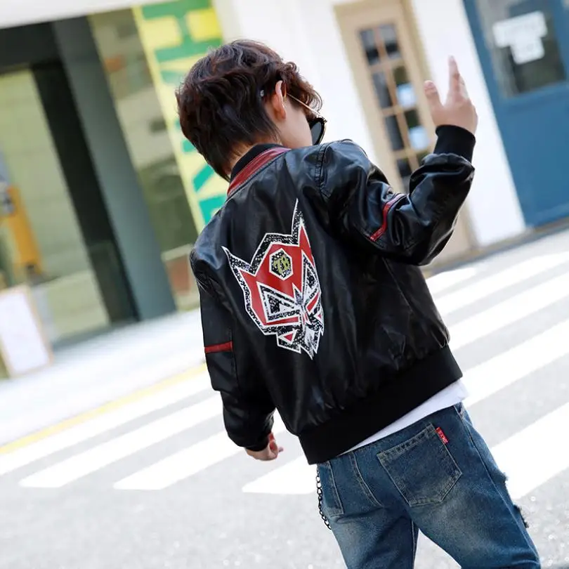

High-end Children's PU Washed Leather Jacket Cartoon Print Baby Boys Coat Spring New Jacket Long Sleeve Casual Kids Outwear Y284
