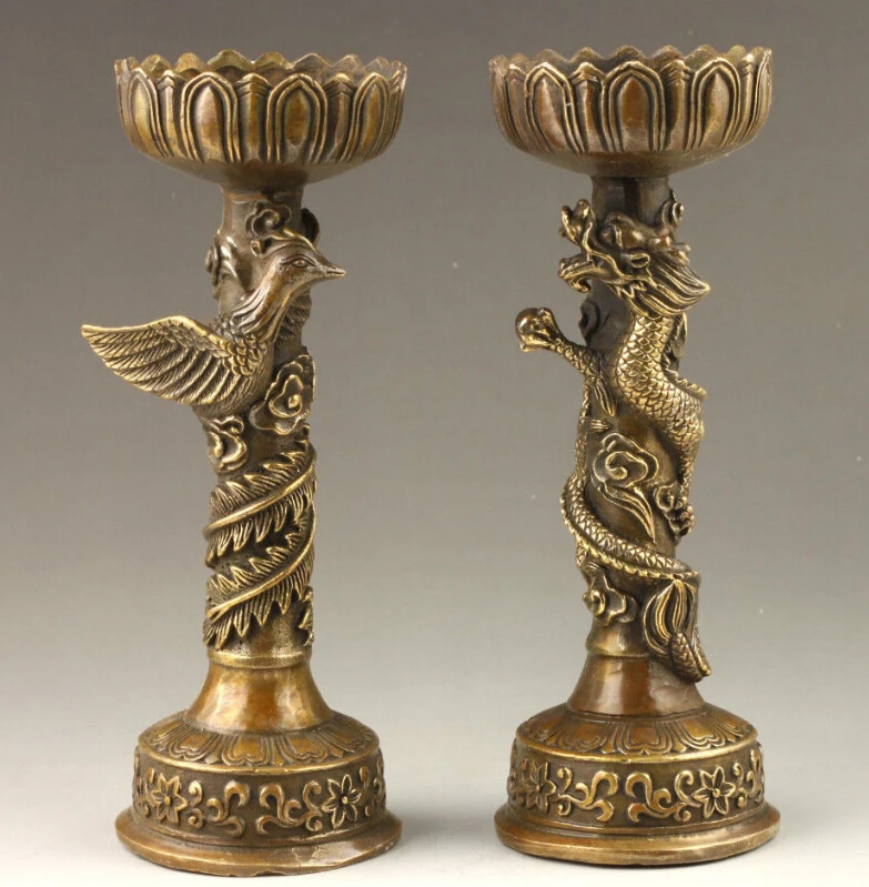 

Chinese Handmade Fine Dragon And Phoenix Bronze Candlestick Pair