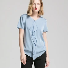 Футболка Для женщин тяжелый шелк высокое качество пошива V шеи Рубашка с короткими рукавами оборками Однотонная повседневная обувь одноцветное Костюмы Мода