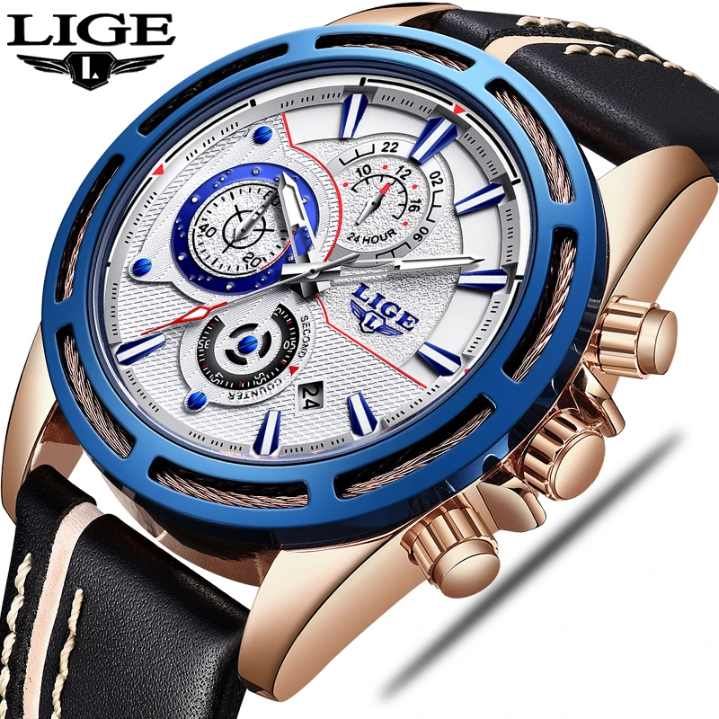 

2018LIGE Mens Watches Top Brand Luxury Men's Military Sports Watch Casual Leather Waterproof Quartz Watch Relogio Masculin + BoX