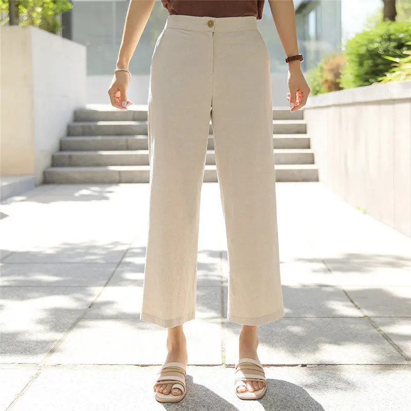 

HziriP Summer Women Loose Solid Cotton Linen Korea Chic Hot Sale 2019 Fashion Brief Casual High Waist Wide Leg Calf Length Pants