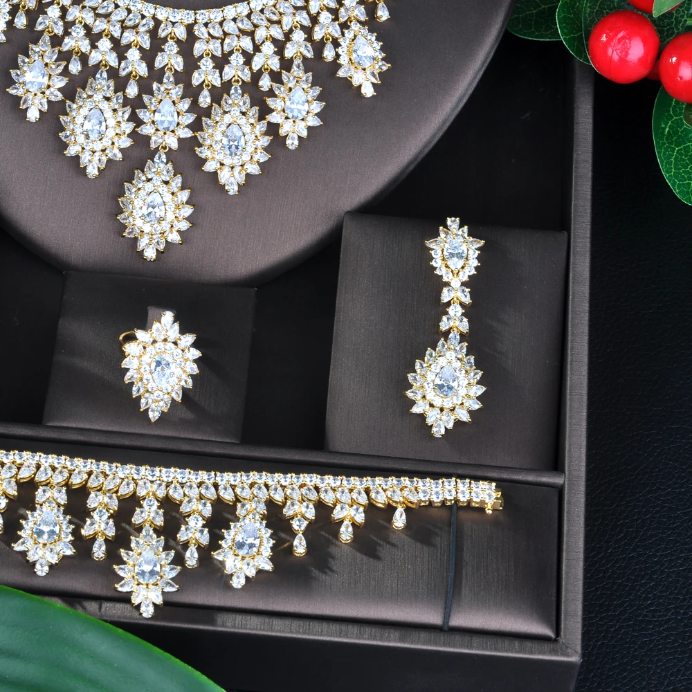 HIBRIDE Charm Gold Color AAA Cubic Zirconia Jewelry Sets for Women Bridal Wedding Sets 4 Pcs Earring Necklace Ring BraceletN-947 - Image 5