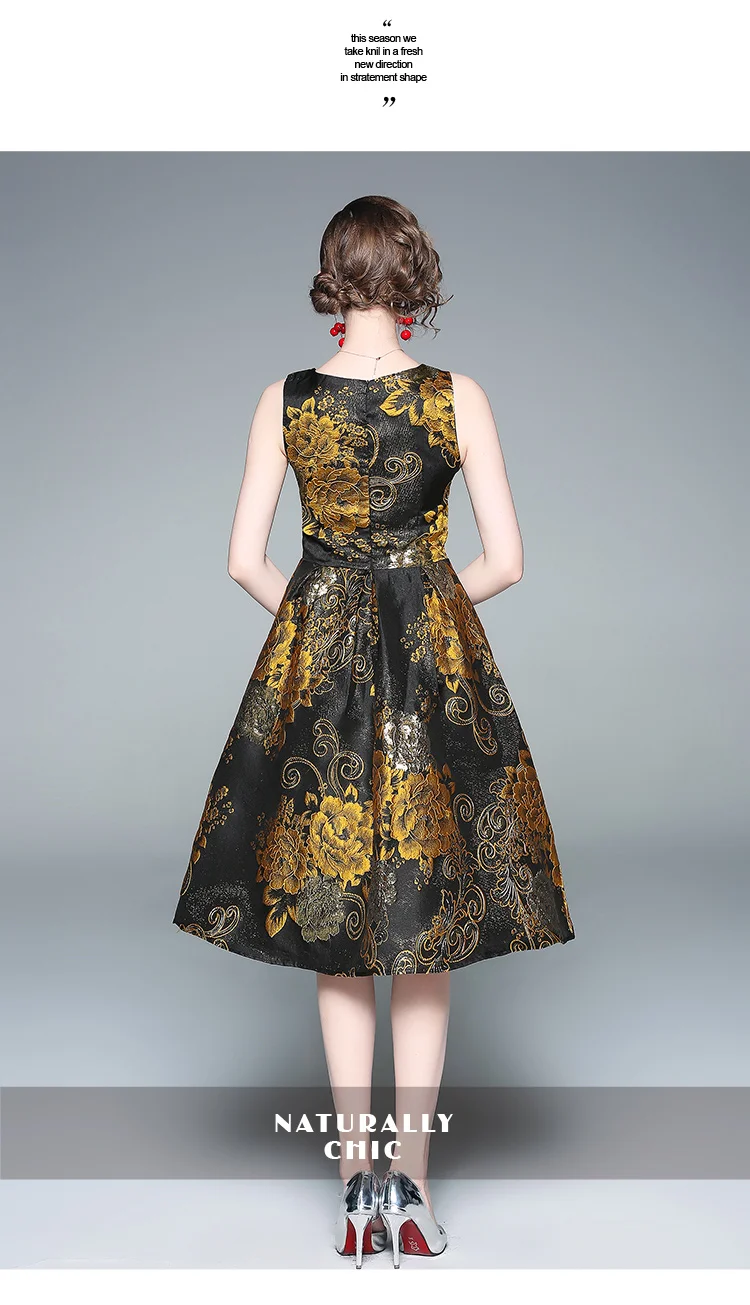 BunniesFairy, весеннее винтажное платье в стиле Одри Хепберн, ретро, золотое, блестящее, жаккардовое, рельефное, без рукавов, с цветочным рисунком, плиссированное платье на бретелях, вечерние