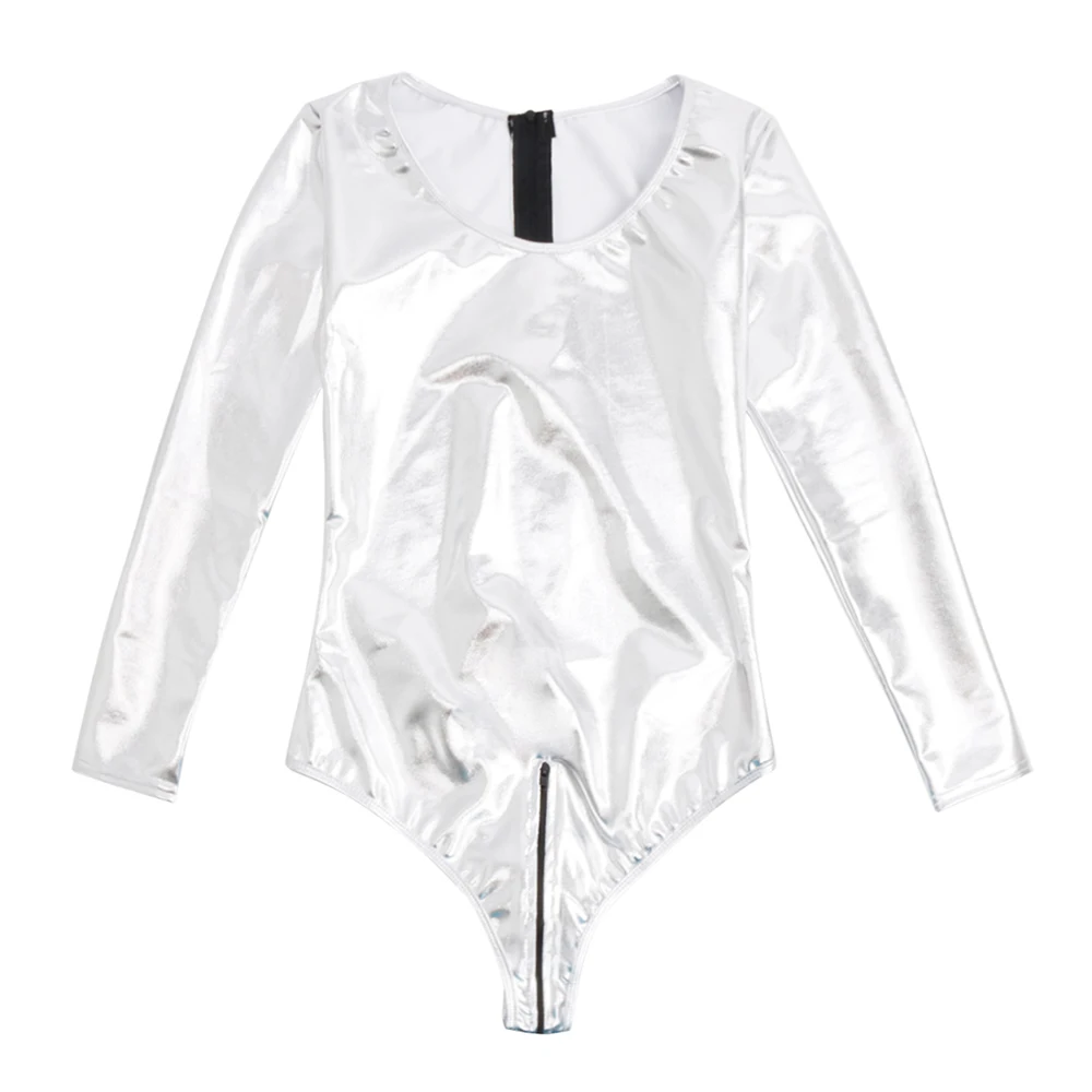 iEFiEL Sexy Womens Wetlook Bodycon Patent Leather Leotard Bodysuit with Zipper Crotch High Cut Dancewear for Nightclub Parties white bodysuit