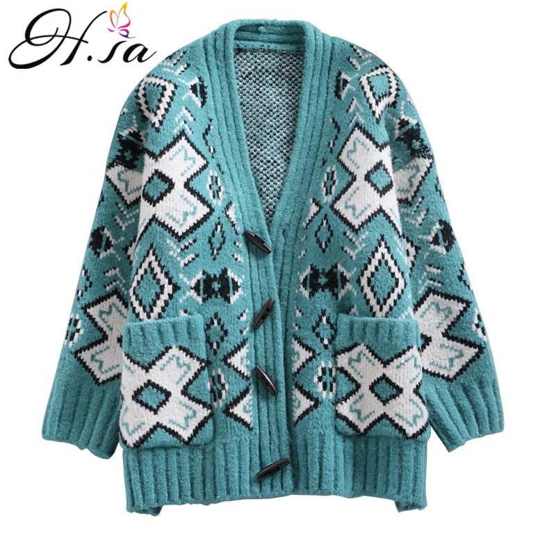 

H.SA 2019 Spring New Women Casual Sweater and Cardigans V neck Single Breasted Geometric Thick Warm Vintage Red Jumpers