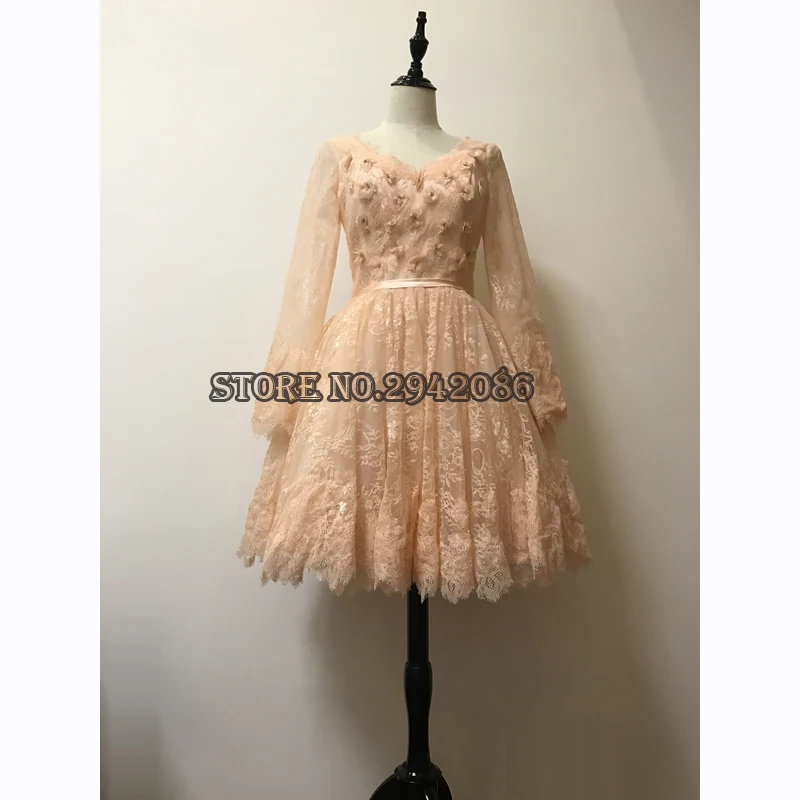 Short Bridesmaid Dress Light Orange Lace Long Sleeves Arabic Short Bridesmaid Dress Light Orange