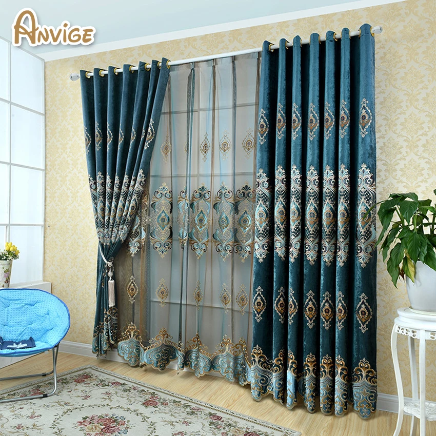 Anvige European Blue Color Royal Luxury Curtains For Bedroom