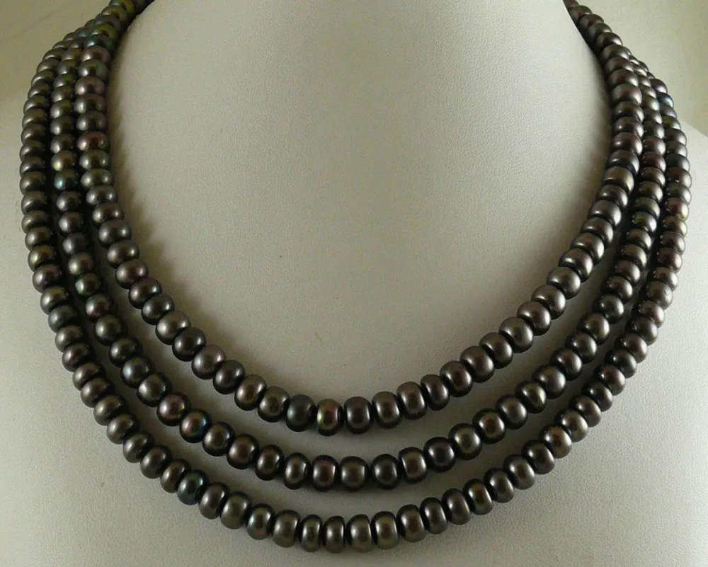 

FREE SHIPPING HOT sell new Style >>>>Fashion charm 5x8mm Handmade Natural Freshwater Black Pearl Necklace 68