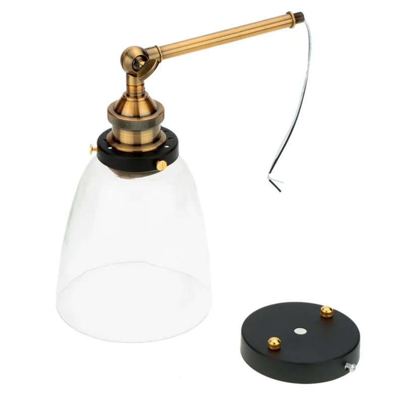 American loft retro antique clear glass lampshade wall lamp vintage E27 Edison bedroom decoration brass iron adjustable LED lamp