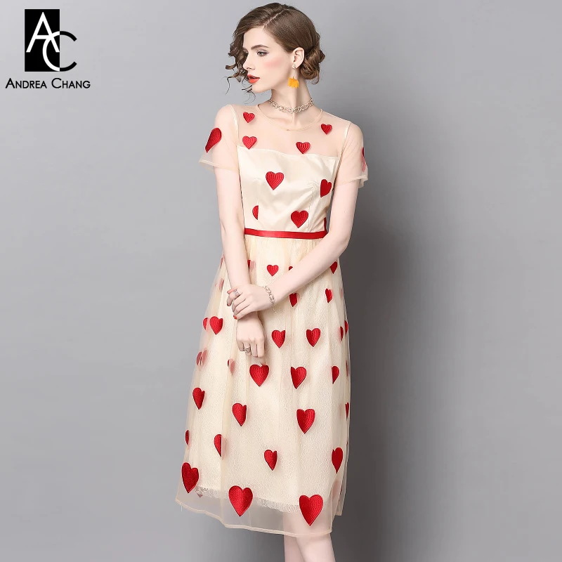 spring summer runway designer womans dresses beige gauze lace dress red