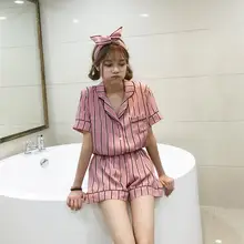 Новые модные летние Для женщин атласные шелковые пижамы рукав Шорты для женщин Двойка Набор пижамы домашний костюм ночное