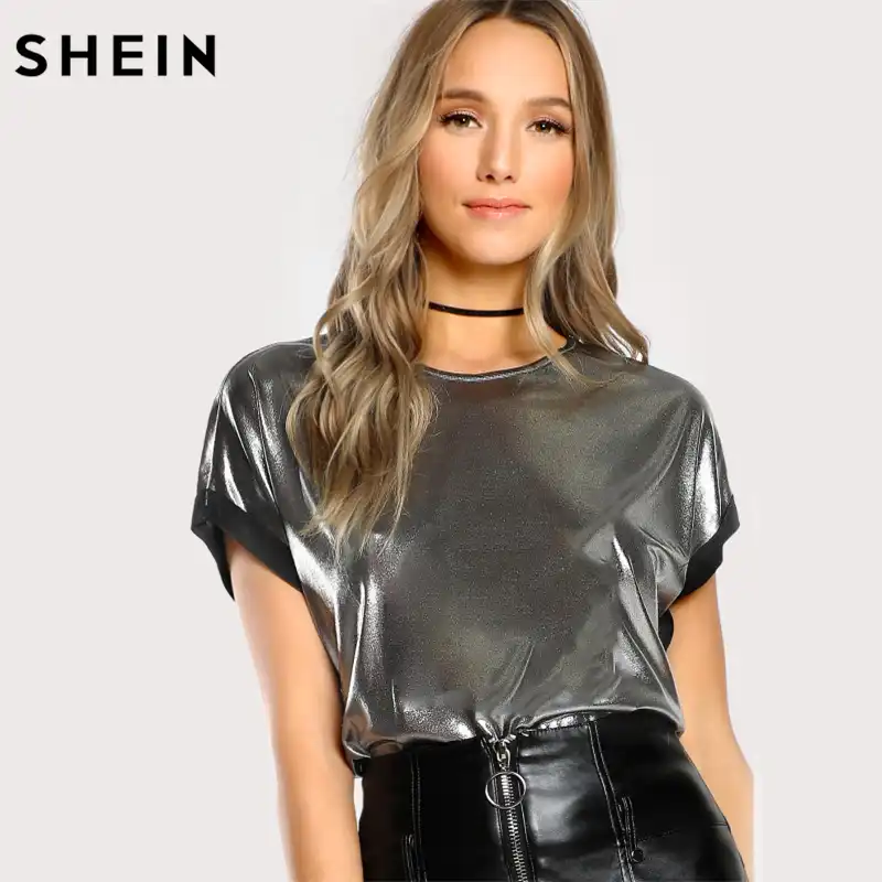 Download SHEIN Pink Puff Sleeve Metallic Fitted Tee Women Elegant ...