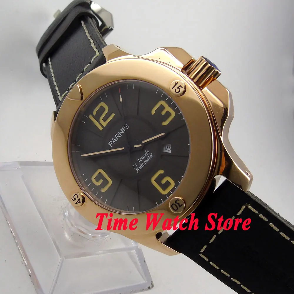 

Parnis black dial luminous sapphire glass mens watch 619 47mm golden case MIYOTA Automatic movement