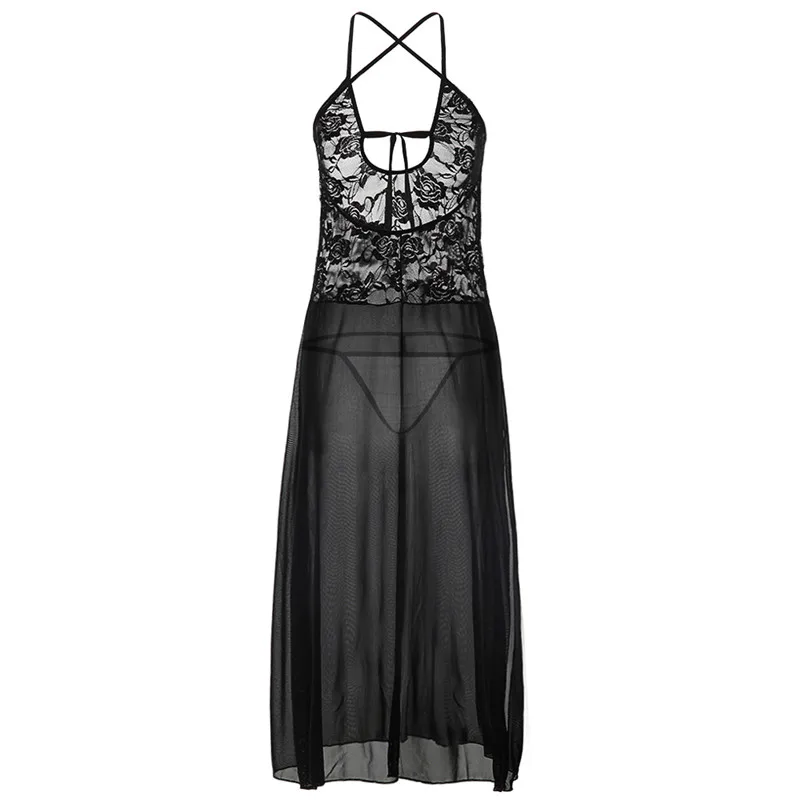 

Plus Size S-6XL Lose Flower Long Dress Gown Sexy Lingerie Transparent Lace Nightgown Nightwear for Women Underwear Intimate 7119