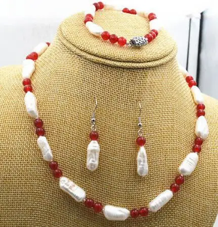 

NEW 8-16mm natural akoya pearl & 6mm red stone Necklace Bracelet Earrings Set