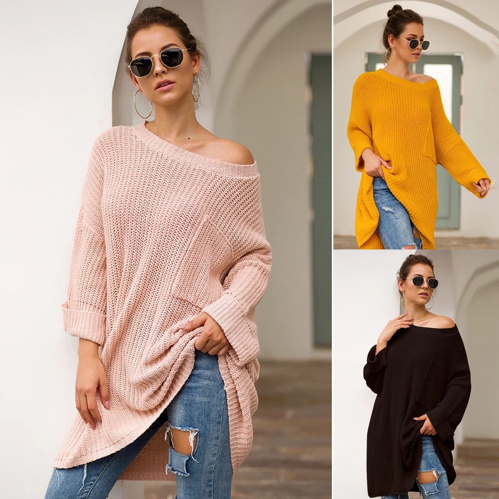 

Three Color Medium Long Lazy Wind Knit Sweater Women Soild Color Loose Pullover Female Strapless Shoulder Autumn Shirt Ladies OL