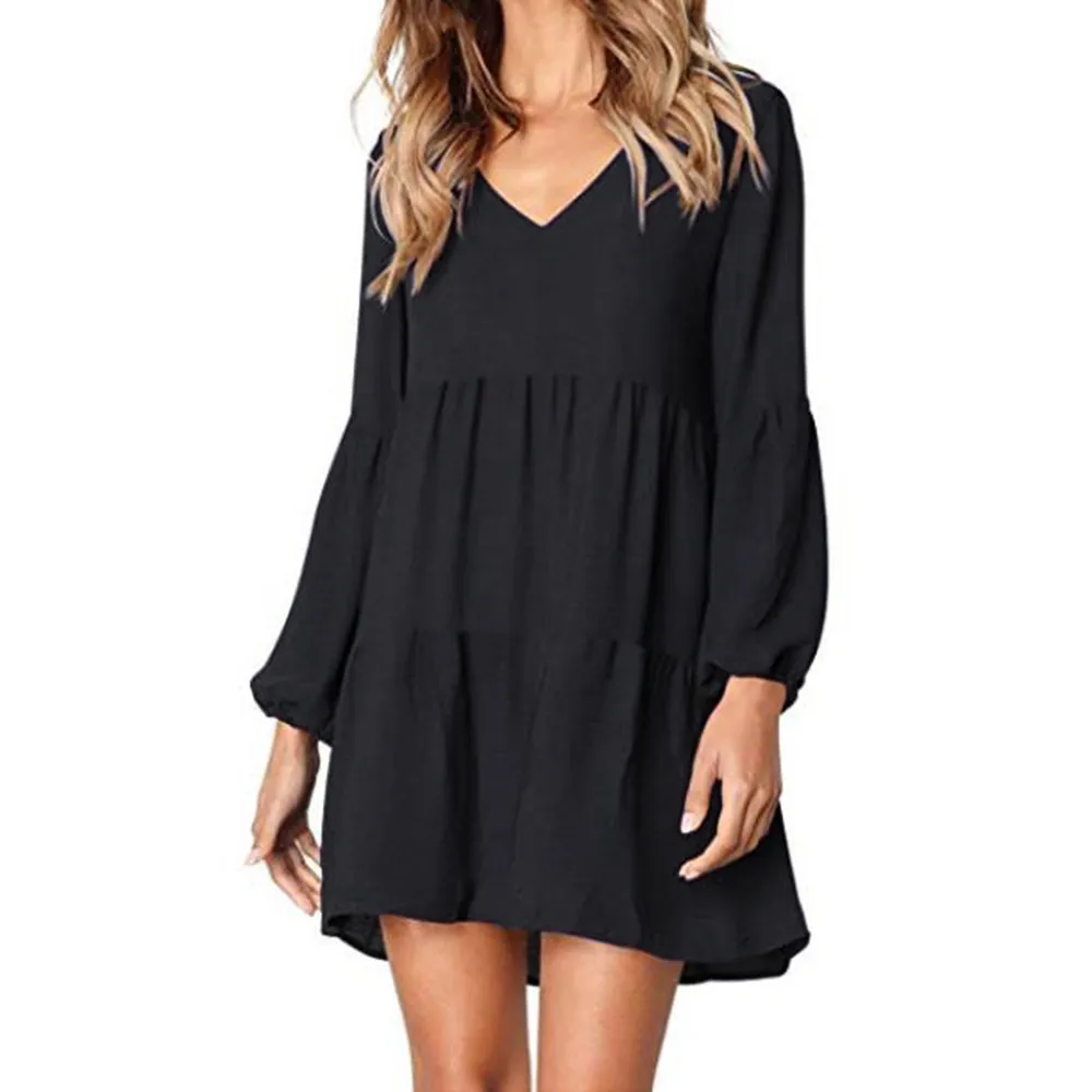 

Casual sexy dress Spring Summer 2019 New fashion Women Solid Lantern Long Sleeve party dress Draped Knee-Length Dress