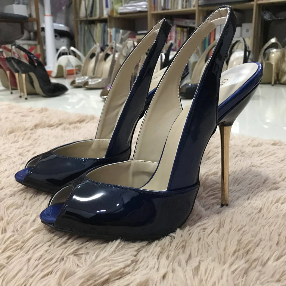 

Women Stiletto Thin Iron High Heel Sandals Sexy Sling Back Peep Toe Black and Blue Patent Party Bridal Ball Lady Shoe 3845-g13