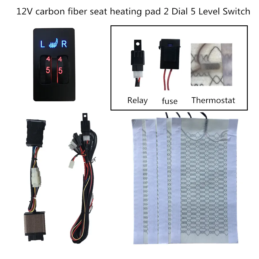 2 места установка универсальный Carbo n волокно подогреваемый подогрев сидений 12 В колодки 2 набора 5 уровня Переключатель зимний подогреватель чехлы для сидений