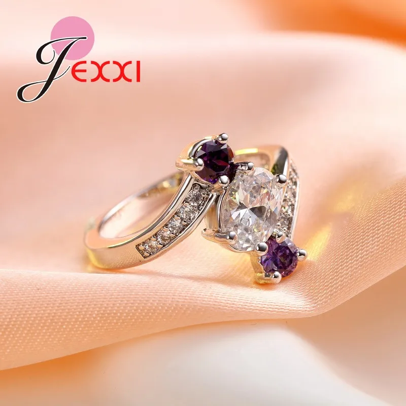 GIEMI High Quality Flower Shape Geometric Pattern Purple Crystal Ring for Female Engagement Wedding Ring 925 Sterling Silver