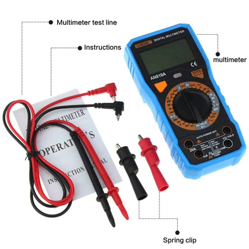 

LCD Display Digital AN819A Multimeter AC/DC Current Tester Voltage Ammeter + Crocodile Clip