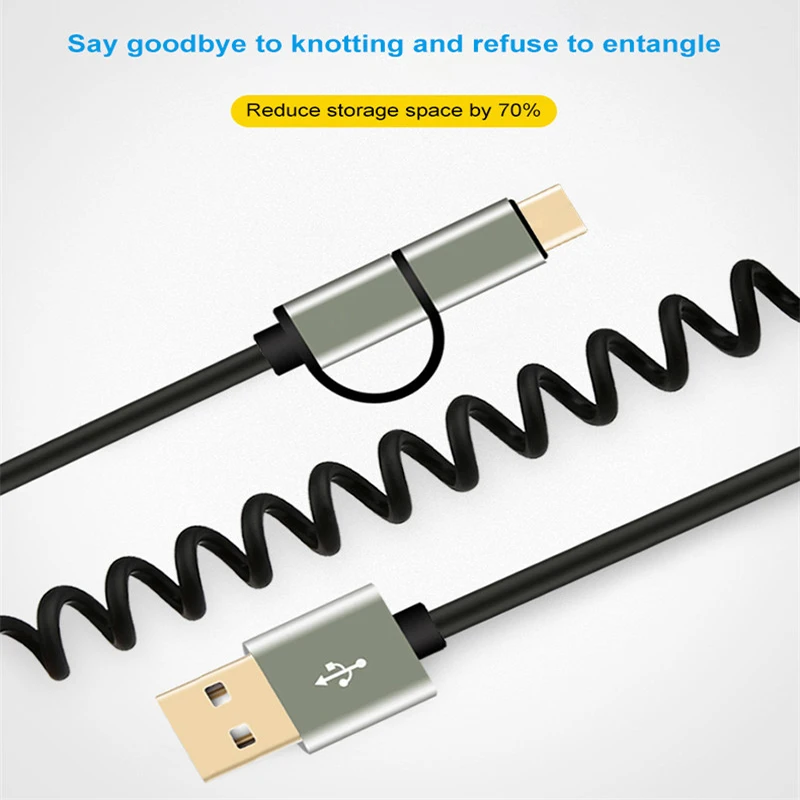 2 في 1 USB كابل بيانات المحمولة الربيع المصغّر USB نوع C الهاتف المحمول شحن كبل شحن لسامسونج غالاكسي Xiaomi هواوي LG