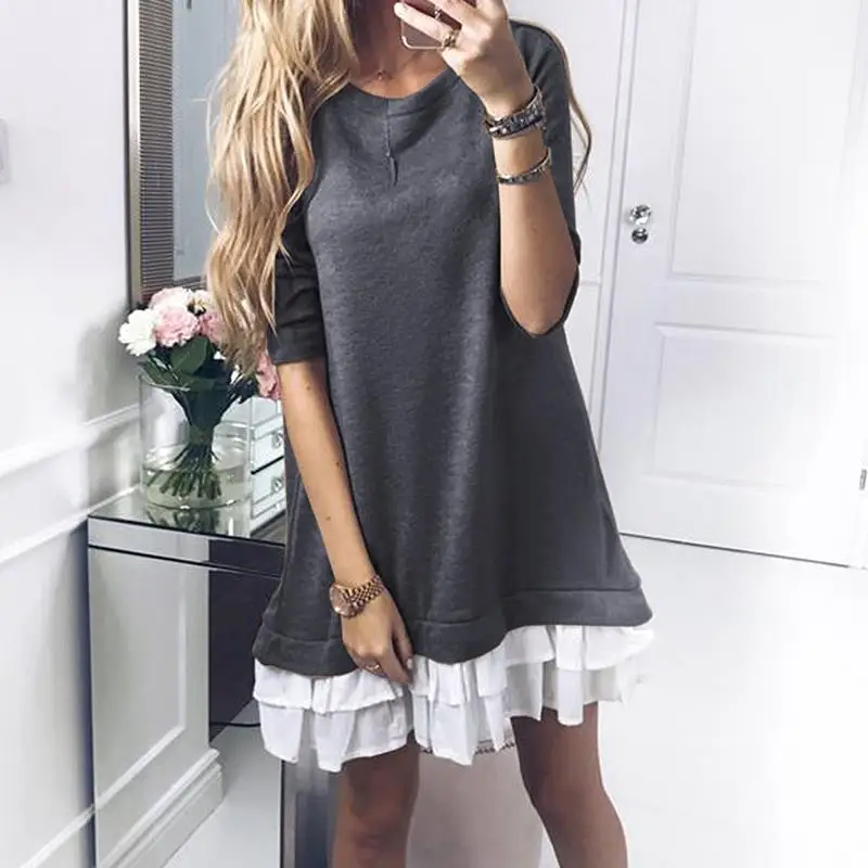 

2018 Spring Casual Loose Dress Women'S Fashion Vestidos Round Neck Long Sleeve Ruffles Mini Party Dress WS4978C
