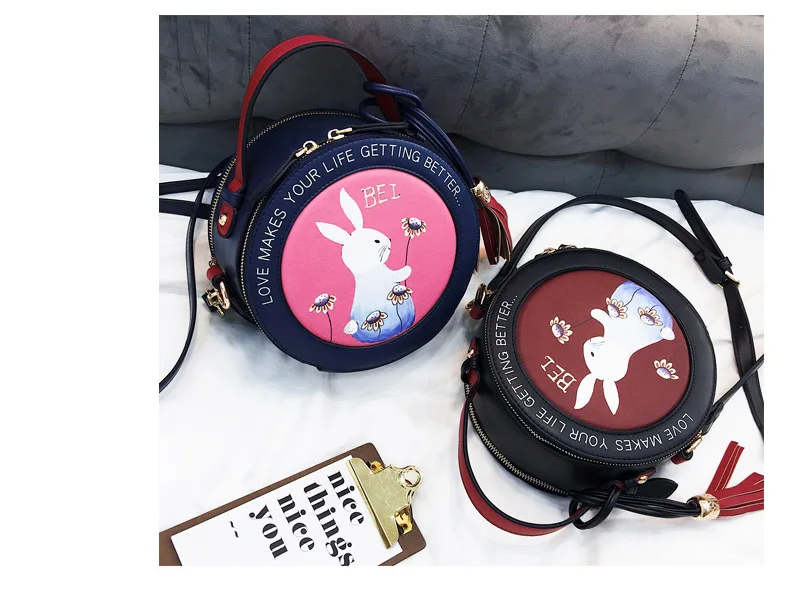 Rabbit Printing Bag Ladies Sweet Round Crossbody Bags Women Leahter Circle Handbags Girl Alice's Mini Black Blue Messenger Purse (2)