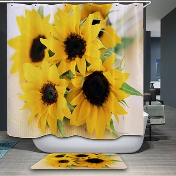

Customizable Polyester Fabric 3d Shower Curtain Yellow Sunflower Flower Pattern Washable Polyester Bath Curtain Bathroom Product