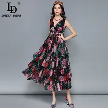 LD LINDA DELLA Midi abito estivo da donna Sexy scollo a V senza maniche Vintage elegante rosa stampa floreale volant abito vacanza vacanza