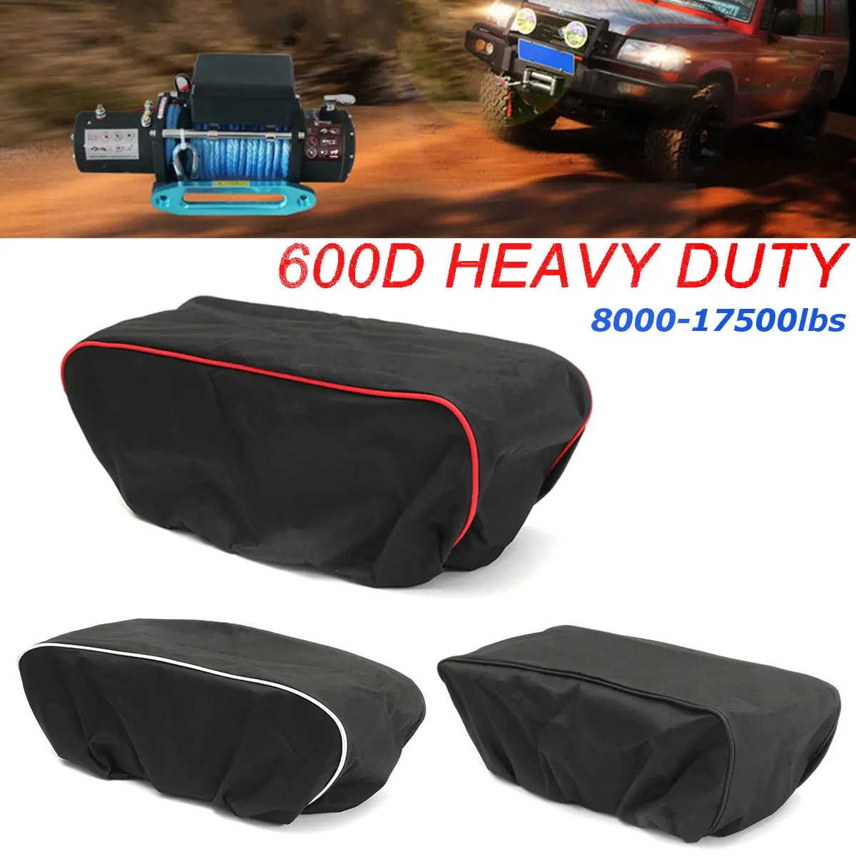 Black/White/Red 600D Waterproof Car Cover Soft Winch Dust Cover 8,000-17,500 lbs Trailer SUVs Nylon Oxford 56*24*18cm