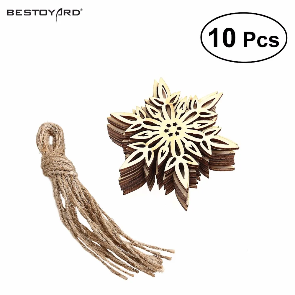 

10pcs Wooden Embellishments with String Christmas Decoration Snowflake Pattern Pendant