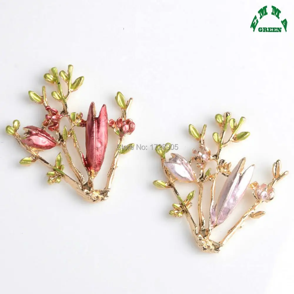 

Branch Flower Red Pink Enameled Embellishments 5pcs 32mm Luxury Boutique Gold Color Flatback Wedding Buttons Embellishment