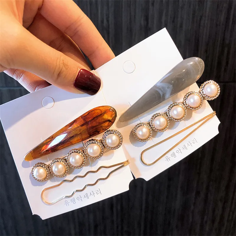 

New 3PC/Set Temperament Acrylic Marble Texture Hair Clip Fashion Pearl Hollow Metal Women Hair Accessories Hairpin HC026