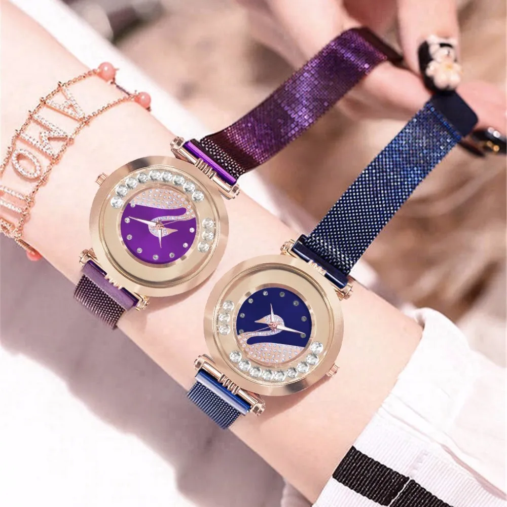

Hot Selling Women Magnet Buckle Swan Diamond Watch Luxury Ladies Stainless Steel Quartz Watch Clock Relogio Feminino