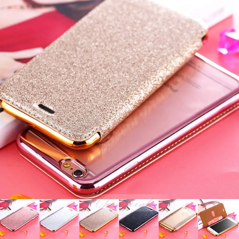 

For iPhone 6s 7 8 plus X Bling Glitter Leather Flip Case Silicone Cover Wallet