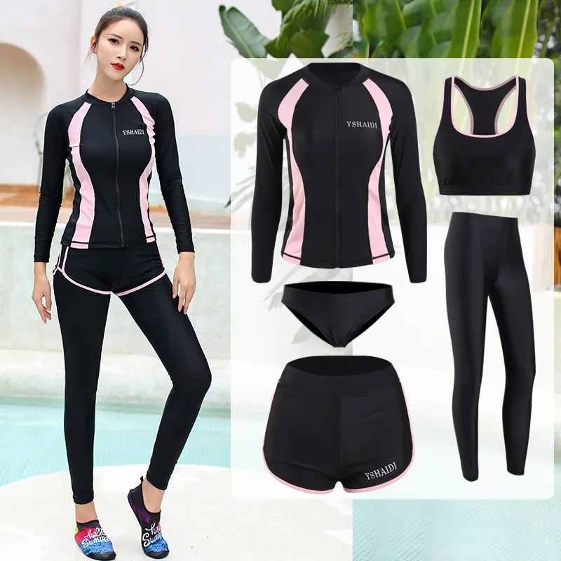 Swimwear Women's Swim Fitness Rush Guard Outdoor Sports Swimming Diving Surfing 5-Piece Set Long Sleeve Leggings Shorts Bikini - Цвет: 19810-pink