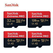 Двойной Флеш-накопитель SanDisk Extreme PRO карты памяти 170 МБ/с. 256 ГБ 128 Гб 64 Гб UHS-I U3 V30 A2 в формате 4K UHD, карта microSDXC флэш-карты памяти с адаптером SD