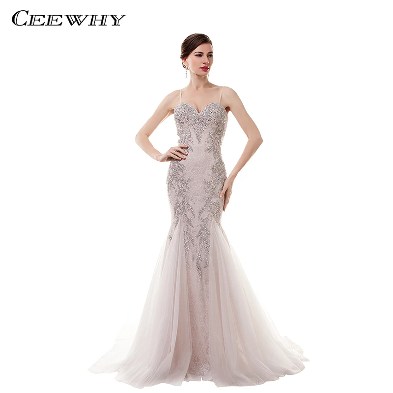 CEEWHY Spaghetti Strap Formal Evening Dress Handmade Crystal Mermaid