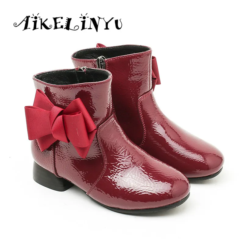 Girls Ankle Boots Children Winter Shoes Little Girls Bow Princess Bright Leather Shoes Big Kids